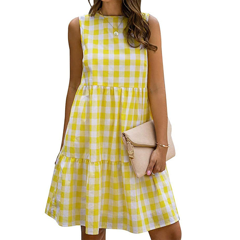 Sleeveless Plaid Print Casual Loose Wholesale Swing Dresses For Women