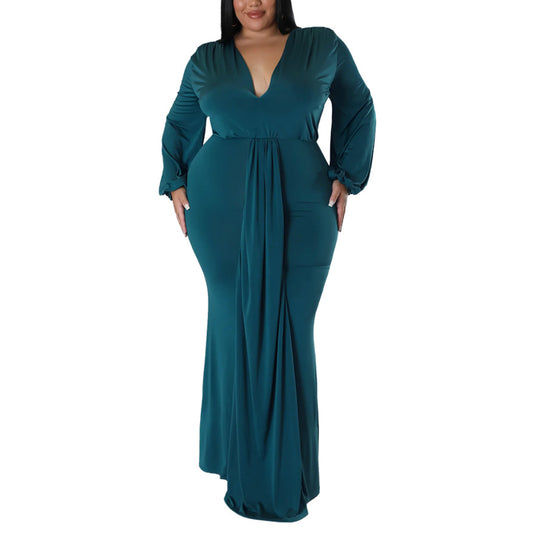 Long Sleeve V Neck Curvy Maxi Dresses Wholesale Plus Size Clothing