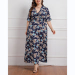 Casual V-Neck Midi Swing Dress Short Sleeve Print Wholesale Plus Size Clothing