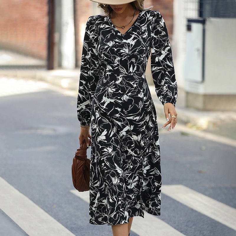 Long Sleeve V-Neck High Waist Printed A-Line Dress Wholesale Dresses