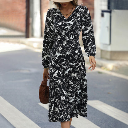 Long Sleeve V-Neck High Waist Printed A-Line Dress Wholesale Dresses