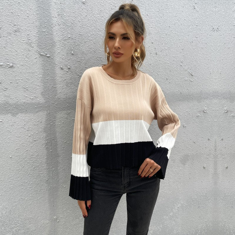 Fashion Contrasting Colors Crew Neck Long Sleeve Loose Wholesale Sweaters