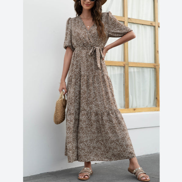 V-Neck Printed Puff Sleeve Lace-Up Smocked Dress Casual Wholesale Maxi Dresses