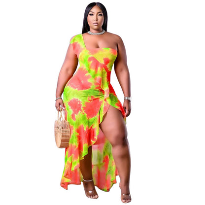 One Shoulder Printed Ruffle Curvy Maxi Dresses Wholesale Plus Size Clothing