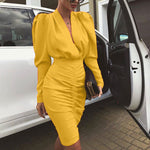 V Deep Sexy Commuter Puff Sleeve Solid Color Pleated Midi Dress Wholesale Dresses