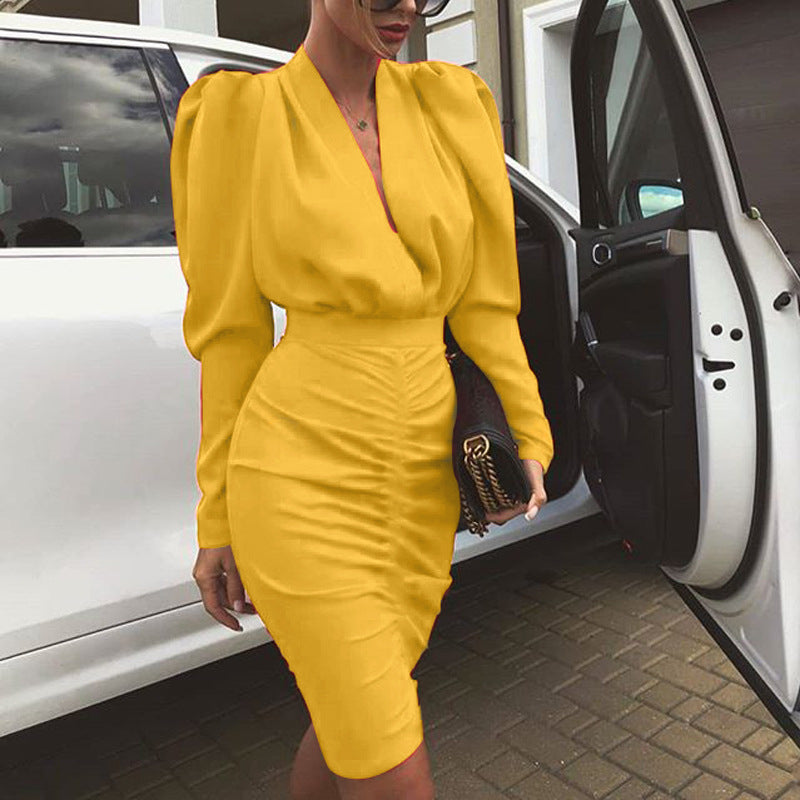 V Deep Sexy Commuter Puff Sleeve Solid Color Pleated Midi Dress Wholesale Dresses
