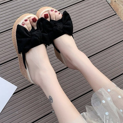 Fashion Casual Wedge Bow Slippers Solid Color Women Wholesale Shoes