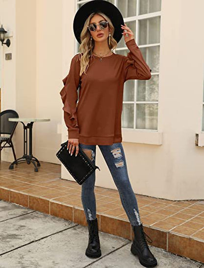 Ruffled Long-Sleeve Crew Neck T Shirts Wholesale Womens Tops