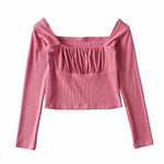 Solid Color Pleated Long Sleeve Sexy Square Neck Womens Top Wholesale Crop Tops