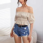 Women's Off Shoulder Short Sleeve Ruffle Smocked Wholesale Cropped Top
