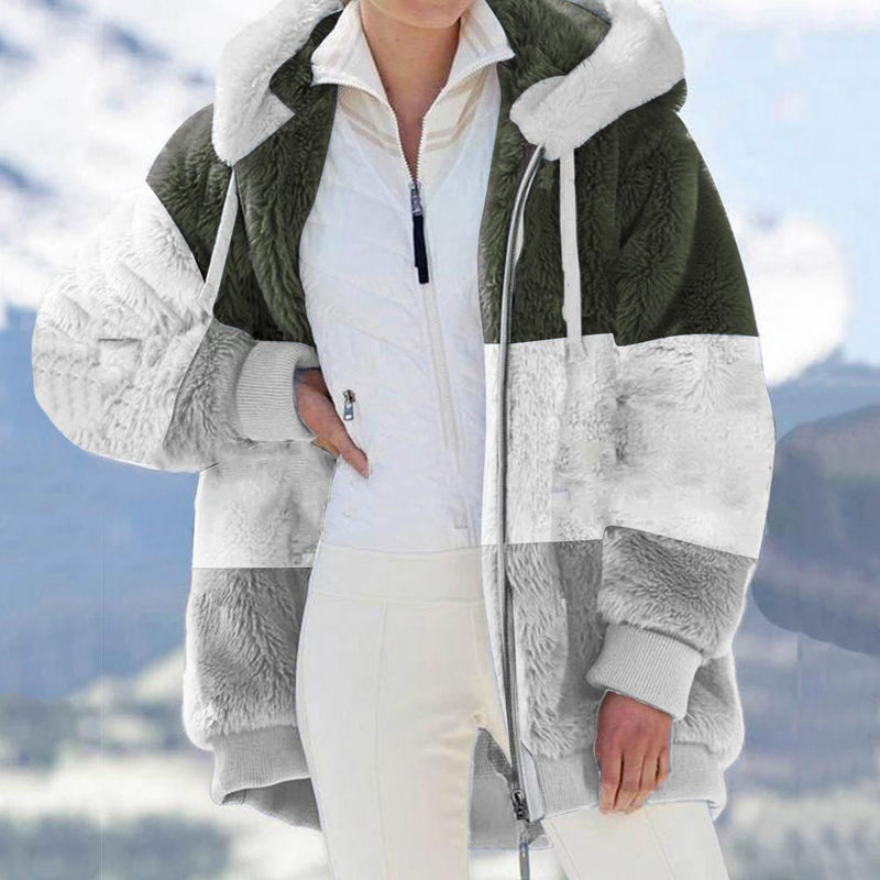 Women'S Plush Patchwork Zipper Hooded Loose Jacket Wholesale Coats