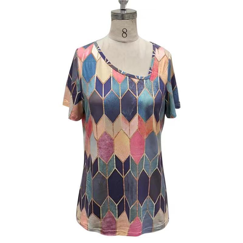 Asymmetrical V-Neck Short Sleeve Colorblock Slim Casual Blouses Wholesale Women Tops