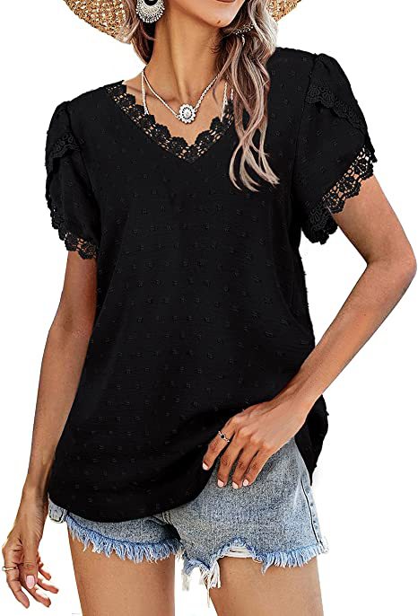 Lace Stiching Jacquard Petal Sleeve V-Neck Flocking Women'S Top Casual Wholesale T Shirts ST531081