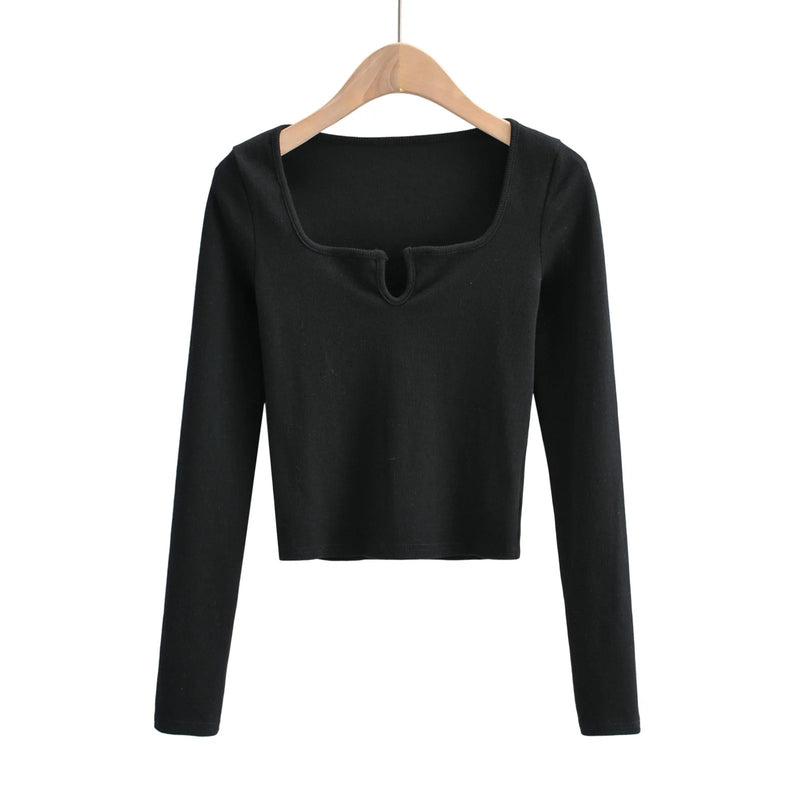 Small V-Neck Long-Sleeved Solid Color Slim-Fit Pullover Blouses Wholesale Women Top