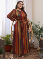 Fashion Striped Lace-Up Maxi Dress Loose Long Sleeve Plus Size Wholesale Dresses