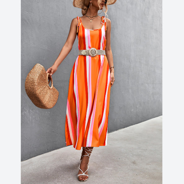 Low Cut Contrast Striped Print Sexy Backless Beach Sling A-Line Dress Holiday Wholesale Dresses