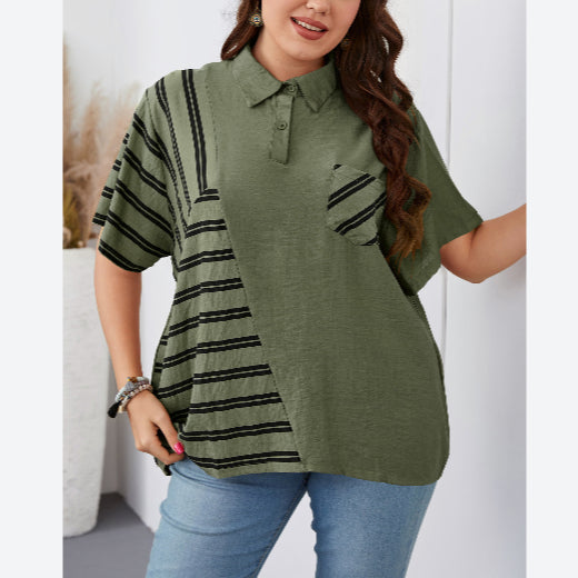 Turn Down Collar Striped Print Button Down Wholesale Plus Size Tops for Summer