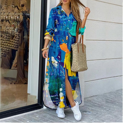 Long Sleeve Fashion Printed Shirtdress Slit T Shirt Maxi Dress Wholesale Casual Dresses