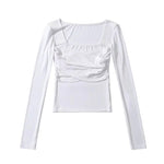 Square Collar Pleated Long Sleeve Solid Color Sexy Crop Top Wholesale Women Top