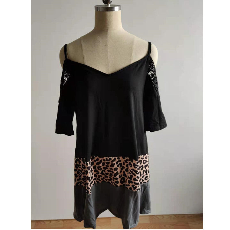 Colorblock Leopard Print Lace Wide Collar Sling Off Shoulder Swing Dress Fashion Wholesale Dresses