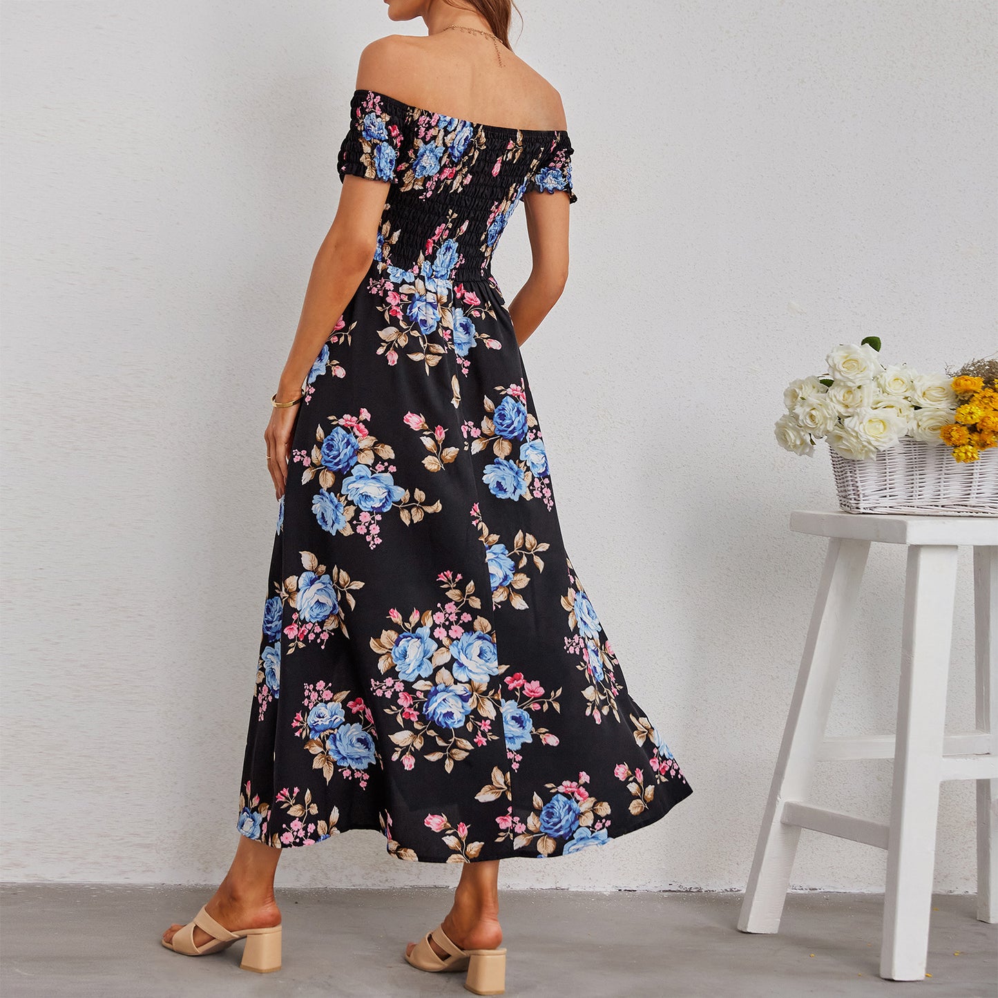 Floral Printed Elastic Wrap Chest Split High Waist Vacation Swing Dress Off Shoulder Wholesale Dresses