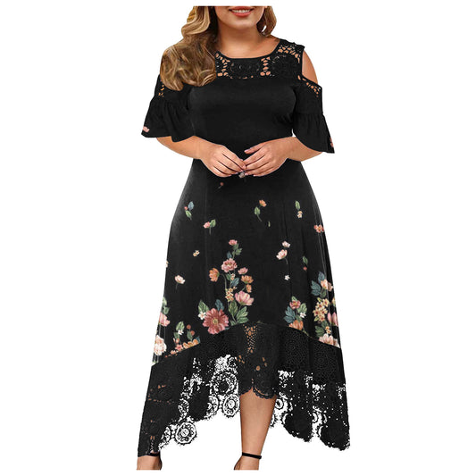 Printed Lace Stitching Fashion Curvy Dresses Wholesale Plus Size Clothing