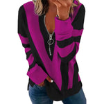 Women Fashion Color Block Long Sleeve Zipper V Neck Wholesale Blouses
