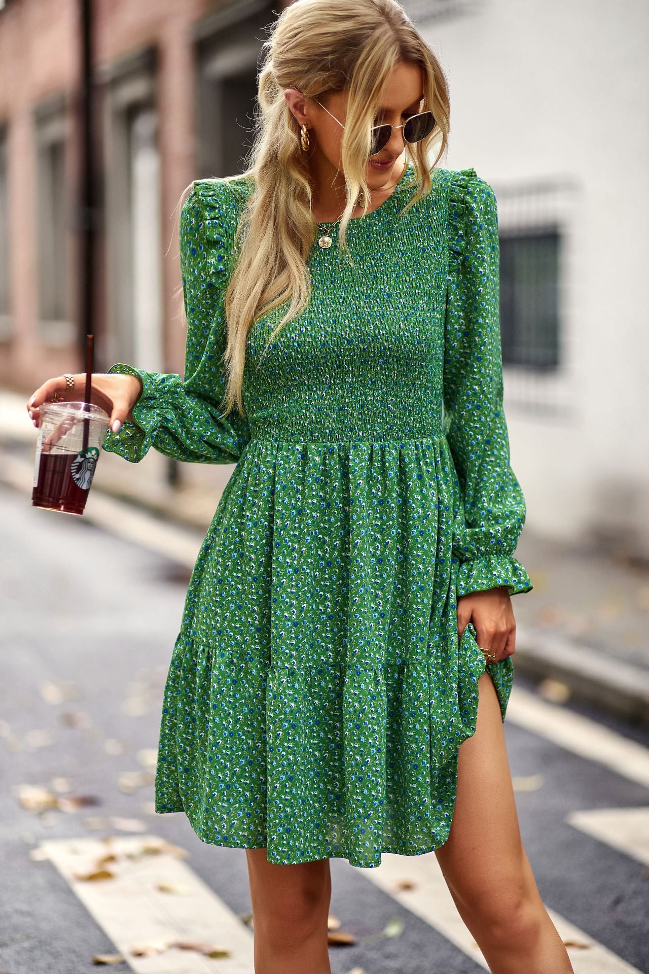 Casual Print Long Sleeve Round Neck A-Line Dress Wholesale Dresses