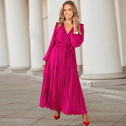 Large-Swing Pleated V-Neck Long Wholesale Dresses