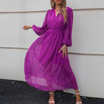 V-Neck High Waist Balloon Sleeve Purple Swing Dress Wholesale Dresses