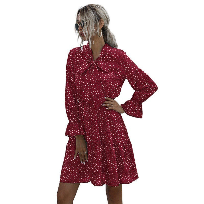 Polka Dot Print Puff Sleeve Bowknot Chiffon Wholesale Swing Dresses For Women