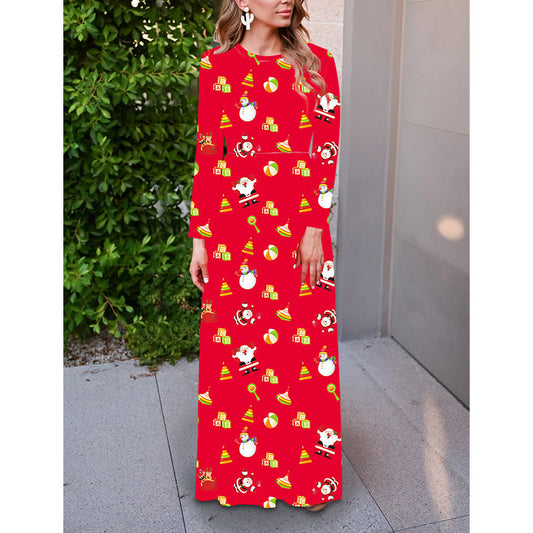 Christmas Crew Neck Print Festive Swing Long Sleeve Maxi Dress Wholesale Dresses