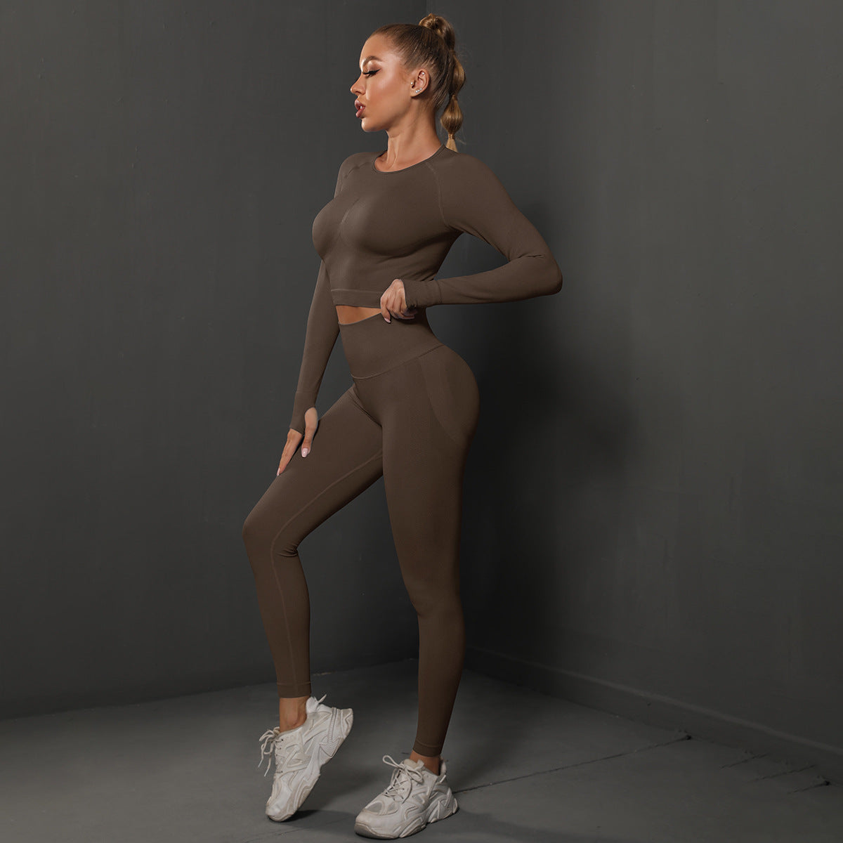 Seamless Knitted Pleated Tight Yoga Exercise Running Fitness Long Sleeve Leggings Suit Wholesale Women Clothing