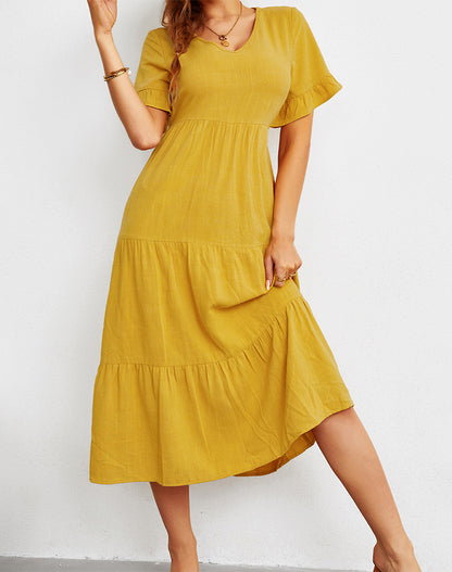 Fashion Loose V-Neck Swing Dress Solid Color Short Sleeve Wholesale Dresses