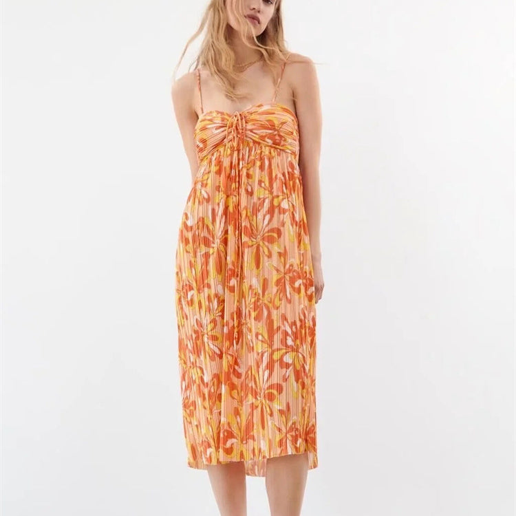 Loose Printed Open-Back Tie-Up Pleated Slip Dress Wholesale Dresses