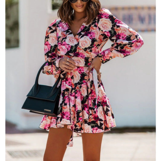 Geometric & Floral Print Womens V Neck Long Lantern Sleeve Tie-Up Waist Swing Ruffled Dress Wholesale Dresses