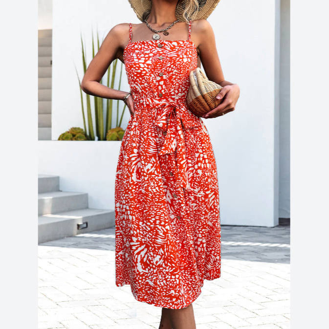 Sexy Printed Lace-Up Waist Sling Dress Wholesale Dresses