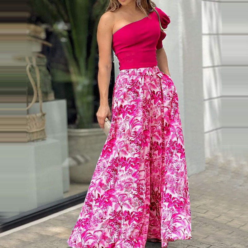 Wholesale Womens 2 Piece Sets Sexy Sigle Side Slant Shoulder Tos & Print Maxi Skirts