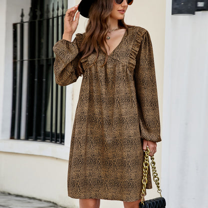 Leopard Print V Neck Loose Long Sleeve Dress Wholesale Dresses