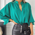 Chiffon Solid Color Casual V-Neck Blouses Wholesale Womens Long Sleeve T Shirts