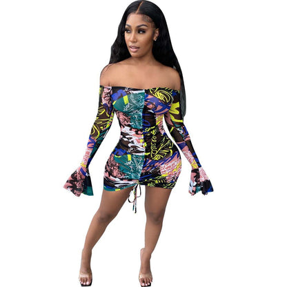 Off Shoulder Printed Mesh Long Sleeve Sexy Drawstring Bodycon Mini Dress Wholesale Dresses