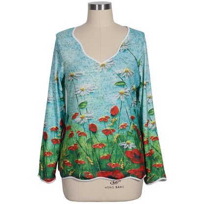 Loose V Neck Print Tops Wholesale Womens Long Sleeve T Shirts