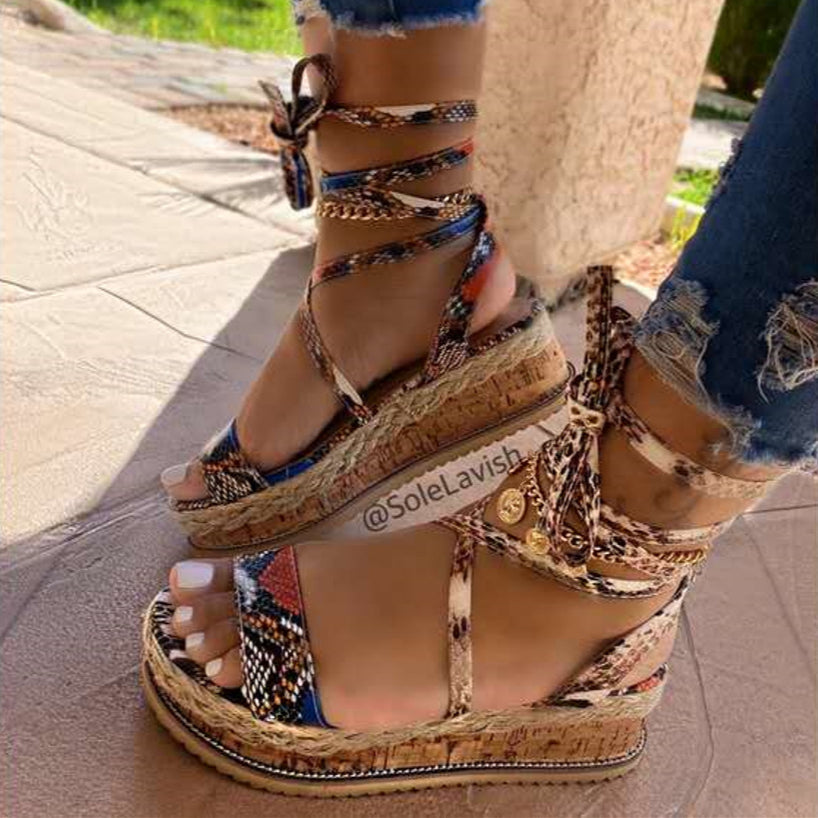 Fashion Leopard Snakeskin Print Cross Lace-Up Womens Platform Sandals Wholesale Shoes