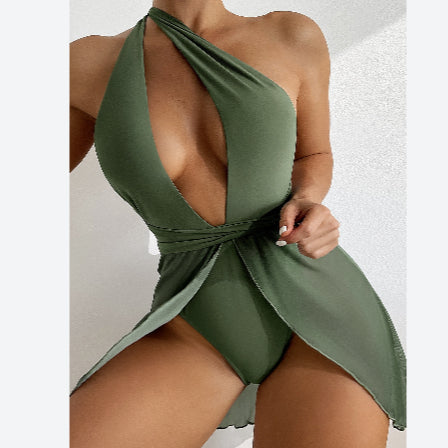 Solid Color One Shoulder Hollow Out Backless Mesh Sheer Wholesale Bikini