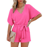 Short Sleeve V Neck Tie Waist Wholesale Rompers Jumpsuits For Women