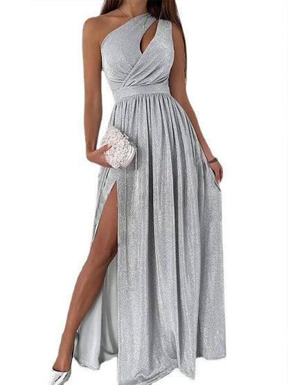 Women Fashion Plain One Shoulder Hollow Out High Slit Wholesale Prom Dresses