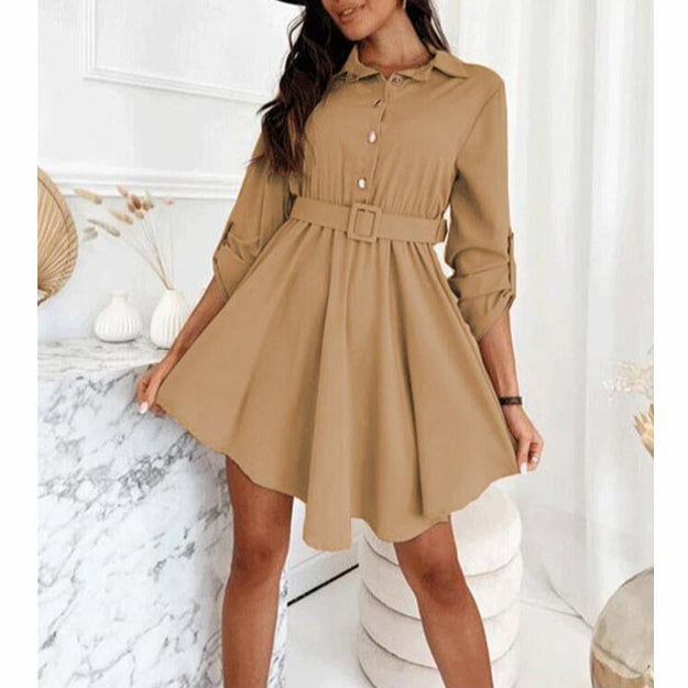 Casual Single-Breasted Shirt Dress Long Sleeve Solid Color Wholesale Dresses With Belt
