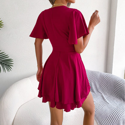 Chiffon Sexy Cross  Lace-Up V-Neck Asymmetric Dress Solid Color Ruffle Sleeve Swing Wholesale Dresses