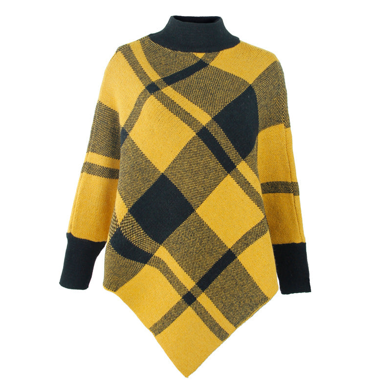 Color-Block Check Cloak Bat Sleeve Knitted Shawl Wholesale Womens Tops