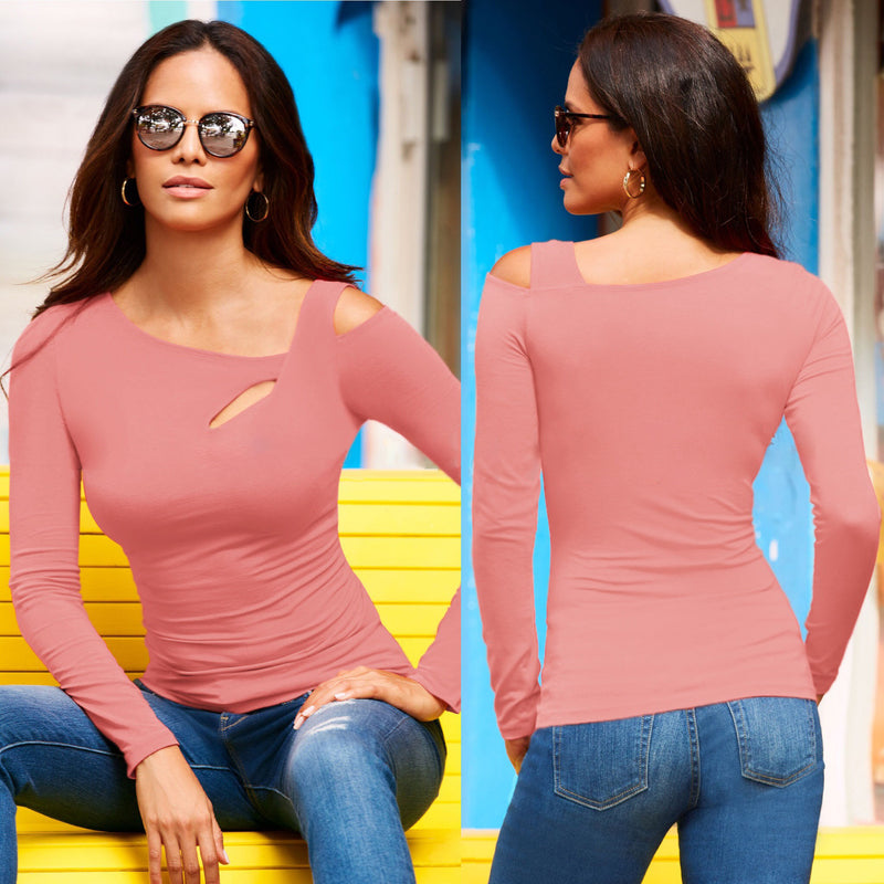 Slanted Shoulders Sexy Openwork Long-Sleeve T-Shirt Wholesale Womens Tops